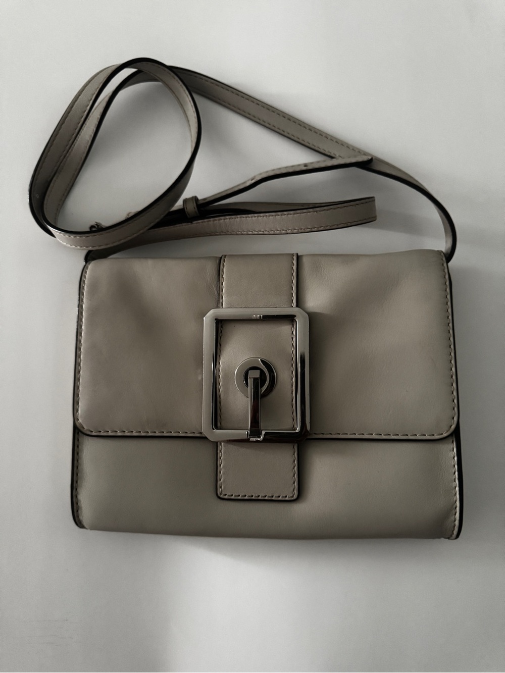 Rebecca Minkoff Leather Crossbody Bag with Buckle Detail in bone color